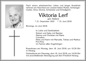 Traueranzeige von Viktoria Lerf von Allgäuer Zeitung, Marktoberdorf
