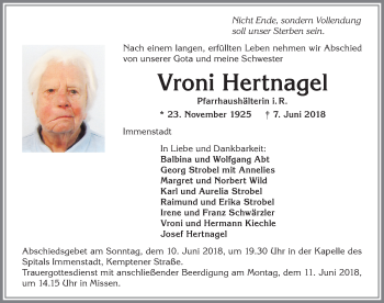 Traueranzeige von Vroni Hertnagel von Allgäuer Anzeigeblatt