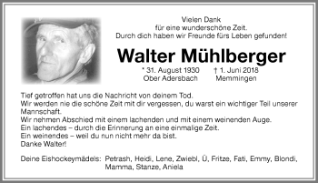 Traueranzeige von Walter Mühlberger von Memminger Zeitung