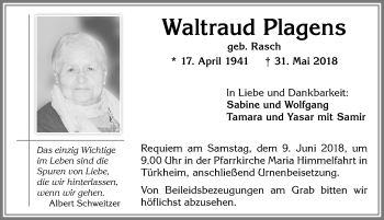 Traueranzeige von Waltraud Plagens von Allgäuer Zeitung, Marktoberdorf