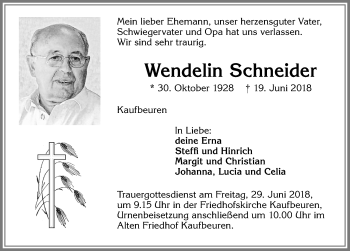 Traueranzeige von Wendelin Schneider von Allgäuer Zeitung, Kaufbeuren/Buchloe