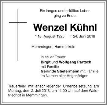 Traueranzeige von Wenzel Kühnl von Memminger Zeitung