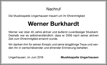 Traueranzeige von Werner Burkhardt von Memminger Zeitung