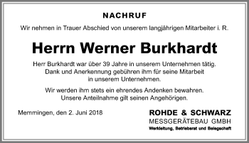 Traueranzeige von Werner Burkhardt von Memminger Zeitung
