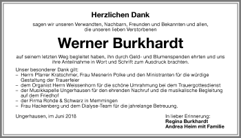Traueranzeige von Werner Burkhardt von Memminger Zeitung