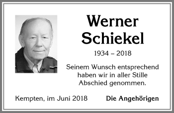 Traueranzeige von Werner Schiekel von Allgäuer Zeitung,Kempten