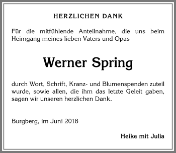 Traueranzeige von Werner Spring von Allgäuer Anzeigeblatt