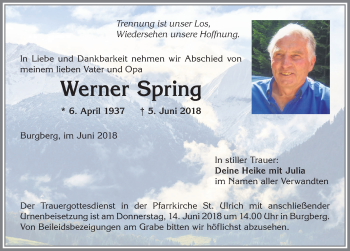 Traueranzeige von Werner Spring von Allgäuer Anzeigeblatt
