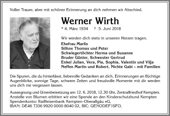 Traueranzeige von Werner Wirth von Allgäuer Zeitung,Kempten