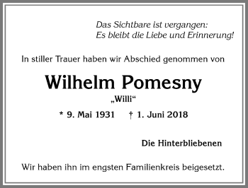 Traueranzeige von Wilhelm Pomesny von Allgäuer Anzeigeblatt