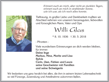 Traueranzeige von Willi Glas von Allgäuer Zeitung, Füssen