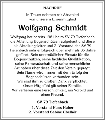 Traueranzeige von Wolfgang Schmidt von Allgäuer Anzeigeblatt