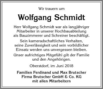 Traueranzeige von Wolfgang Schmidt von Allgäuer Anzeigeblatt