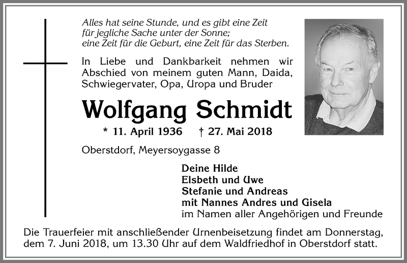  Traueranzeige für Wolfgang Schmidt vom 05.06.2018 aus Allgäuer Anzeigeblatt