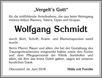 Traueranzeige von Wolfgang Schmidt von Allgäuer Anzeigeblatt