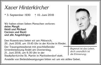 Traueranzeige von Xaver Hinterkircher von Allgäuer Zeitung, Marktoberdorf