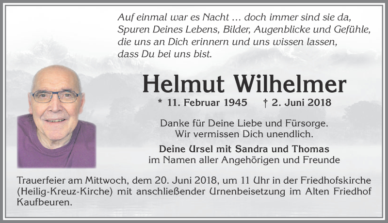  Traueranzeige für Helmut Wilhelmer vom 16.06.2018 aus 
