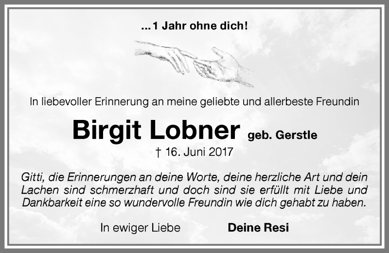  Traueranzeige für Birgit Lobner vom 16.06.2018 aus Memminger Zeitung