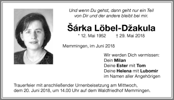 Traueranzeige von Šárka Löbel-Džakula von Memminger Zeitung