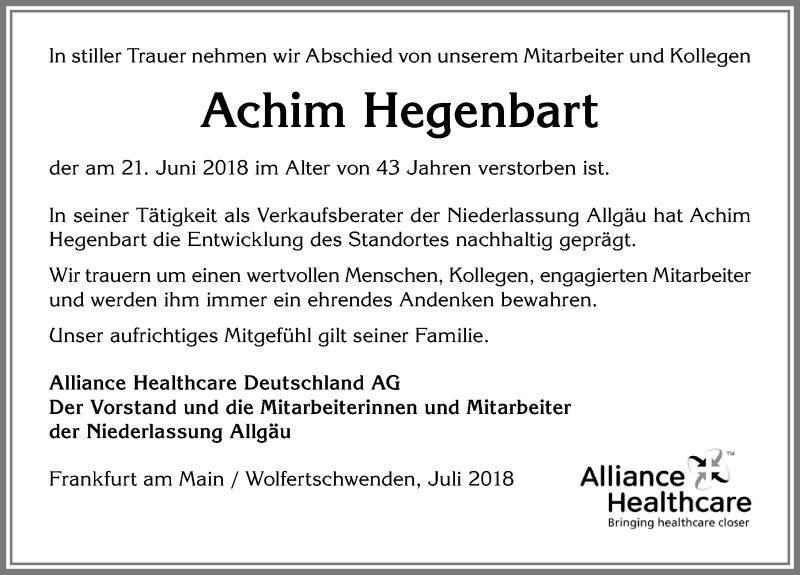  Traueranzeige für Achim Hegenbart vom 03.07.2018 aus Allgäuer Zeitung,Kempten