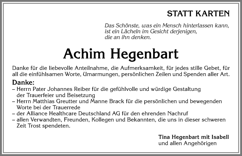  Traueranzeige für Achim Hegenbart vom 16.07.2018 aus Allgäuer Zeitung,Kempten