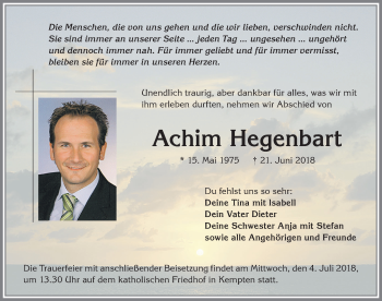 Traueranzeige von Achim Hegenbart von Allgäuer Zeitung,Kempten