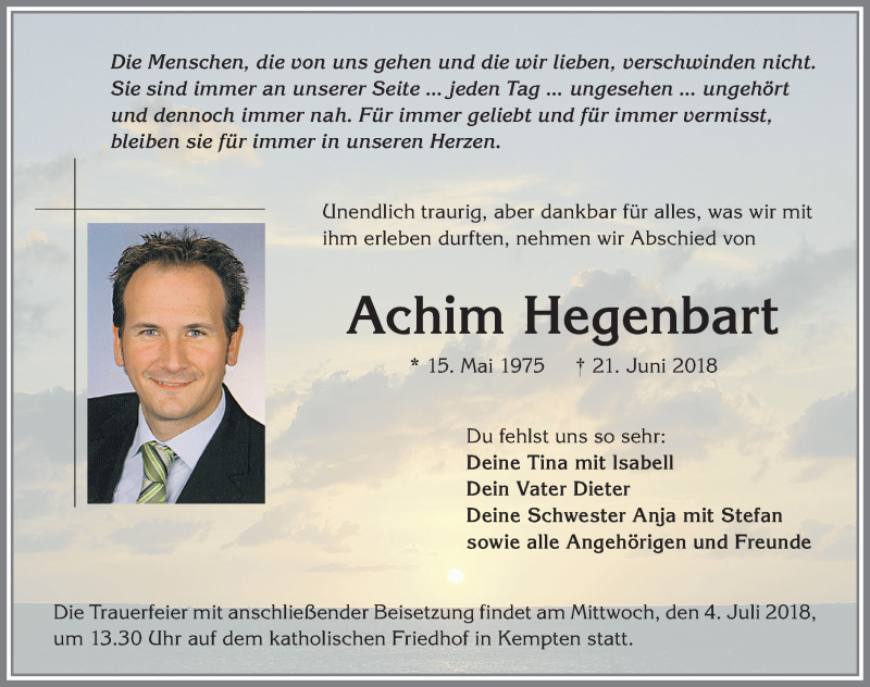  Traueranzeige für Achim Hegenbart vom 03.07.2018 aus Allgäuer Zeitung,Kempten