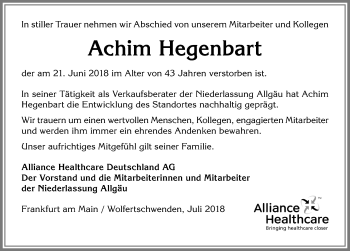 Traueranzeige von Achim Hegenbart von Allgäuer Zeitung,Kempten
