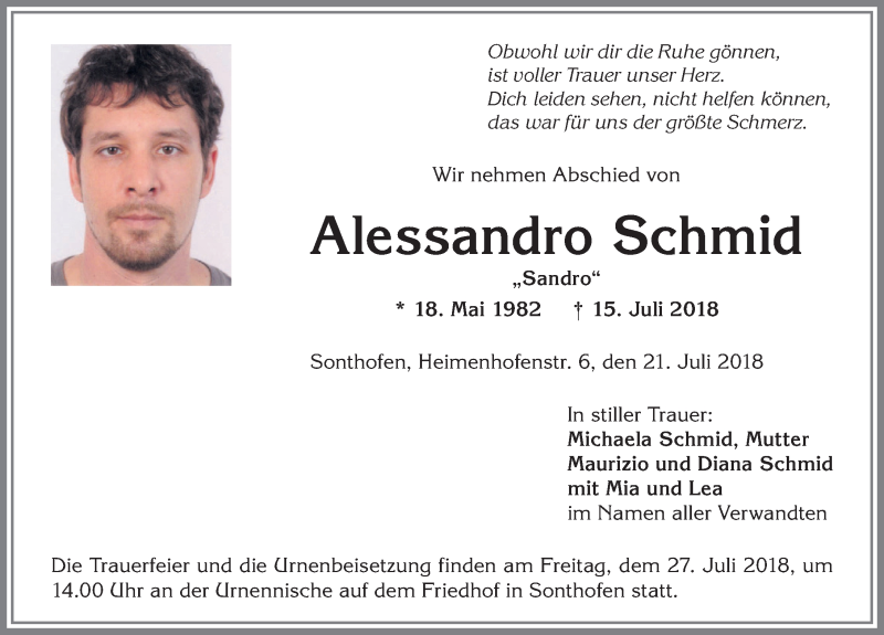  Traueranzeige für Alessandro Schmid vom 21.07.2018 aus Allgäuer Anzeigeblatt