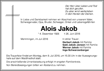 Traueranzeige von Alois Jakob von Memminger Zeitung