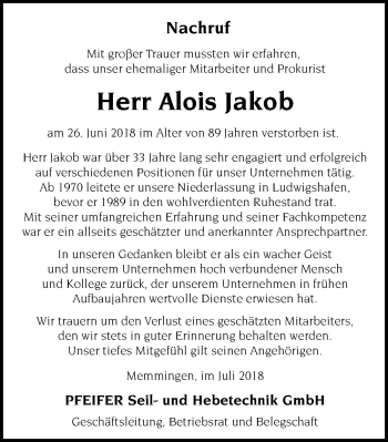 Traueranzeige von Alois Jakob von Memminger Zeitung