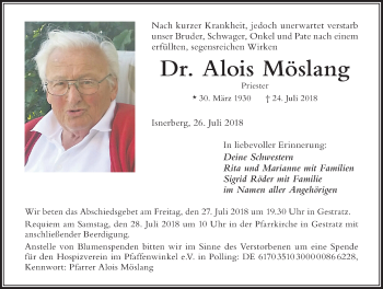 Traueranzeige von Alois Möslang von Der Westallgäuer