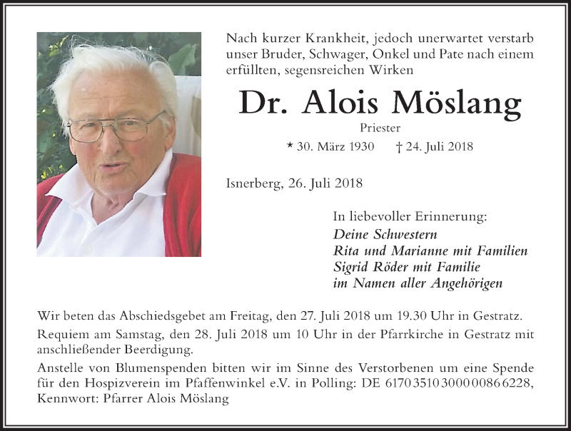  Traueranzeige für Alois Möslang vom 26.07.2018 aus Der Westallgäuer