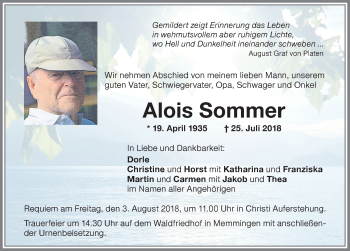 Traueranzeige von Alois Sommer von Memminger Zeitung