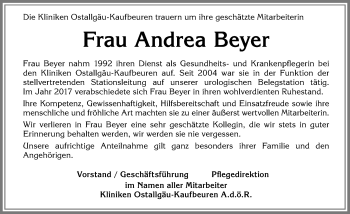 Traueranzeige von Andrea Beyer von Allgäuer Zeitung, Kaufbeuren/Buchloe