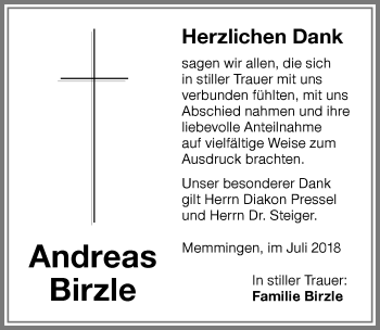Traueranzeige von Andreas Birzle von Memminger Zeitung