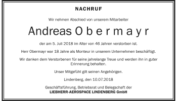 Traueranzeige von Andreas Obermayr von Der Westallgäuer