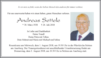 Traueranzeige von Andreas Settele von Allgäuer Zeitung, Marktoberdorf