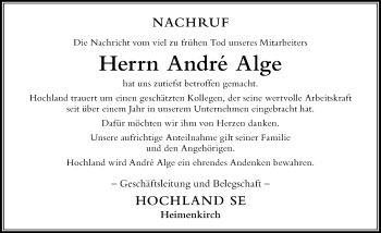 Traueranzeige von André Alge von Der Westallgäuer