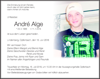 Traueranzeige von André Alge von Der Westallgäuer