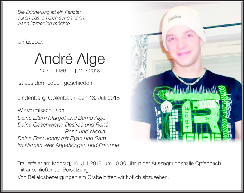  Traueranzeige für André Alge vom 13.07.2018 aus Der Westallgäuer