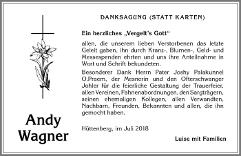 Traueranzeige von Andy Wagner von Allgäuer Anzeigeblatt