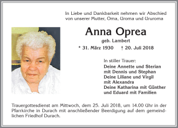 Traueranzeige von Anna Oprea von Allgäuer Zeitung,Kempten