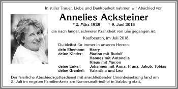 Traueranzeige von Annelies Acksteiner von Allgäuer Zeitung, Kaufbeuren/Buchloe