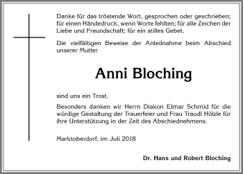 Traueranzeige von Anni Bloching von Allgäuer Zeitung, Marktoberdorf