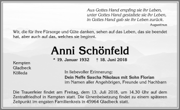 Traueranzeige von Anni Schönfeld von Allgäuer Zeitung,Kempten