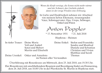 Traueranzeige von Anton Poppler von Allgäuer Zeitung, Füssen