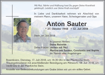 Traueranzeige von Anton Sauter von Allgäuer Anzeigeblatt
