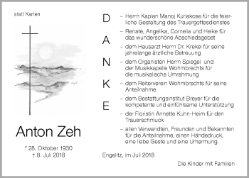 Traueranzeige von Anton Zeh von Der Westallgäuer