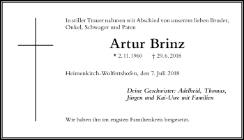 Traueranzeige von Artur Brinz von Der Westallgäuer